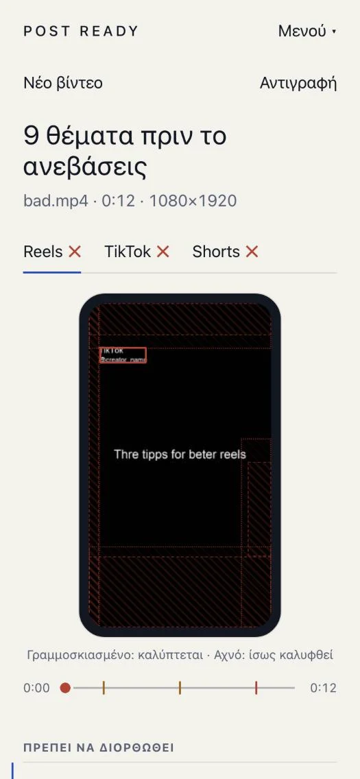 The Post Metras report on a phone: three tabs for Reels, TikTok and Shorts, a phone preview with hatched safe zones and a timeline with issue markers.